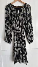 Ann Taylor Long Sleeve Belted Flare Dress Geometric Black And White Sz XXL