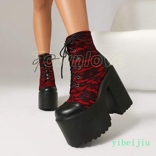 Women Super High Block Heel Platform Thick Sole Ankle Boots Lace Up Knight Shoes - Bild 4 von 26