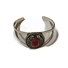 Red Stone Cuff Bracelet Silver Tone Boho Bohemian Jewelry Fashion Accessory