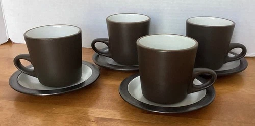 4 Heath Ceramics Low Handle Mug with saucers. #505. HTF