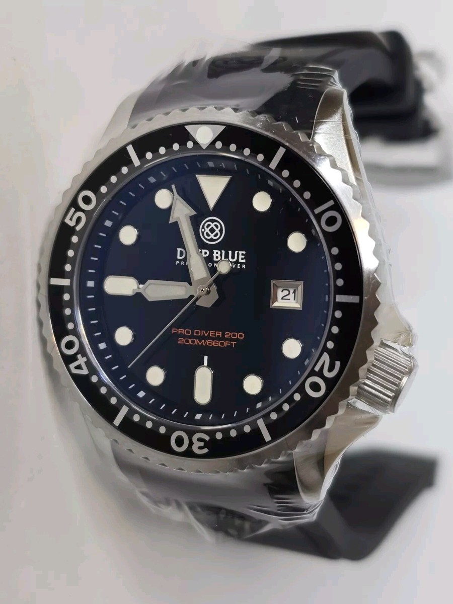 Deep Blue 41mm Pro Sea Diver 200 Quartz Silicone Strap Watch Black