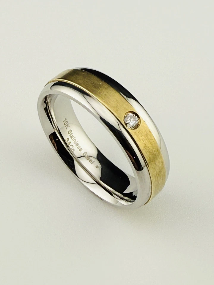 10k Gold & Stainless Steel Solitaire Natural Diamond Men's Wedding Band Size 12 - Image 2 of 4