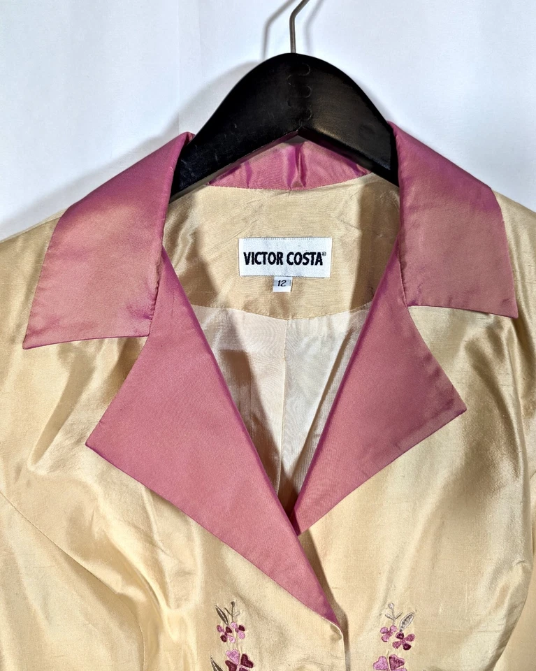Traje Falda Vintage Victor Costa Talla 12 Diseñador 100% SEDA Perla Dorado Rosa Floral Foto 4 de 4