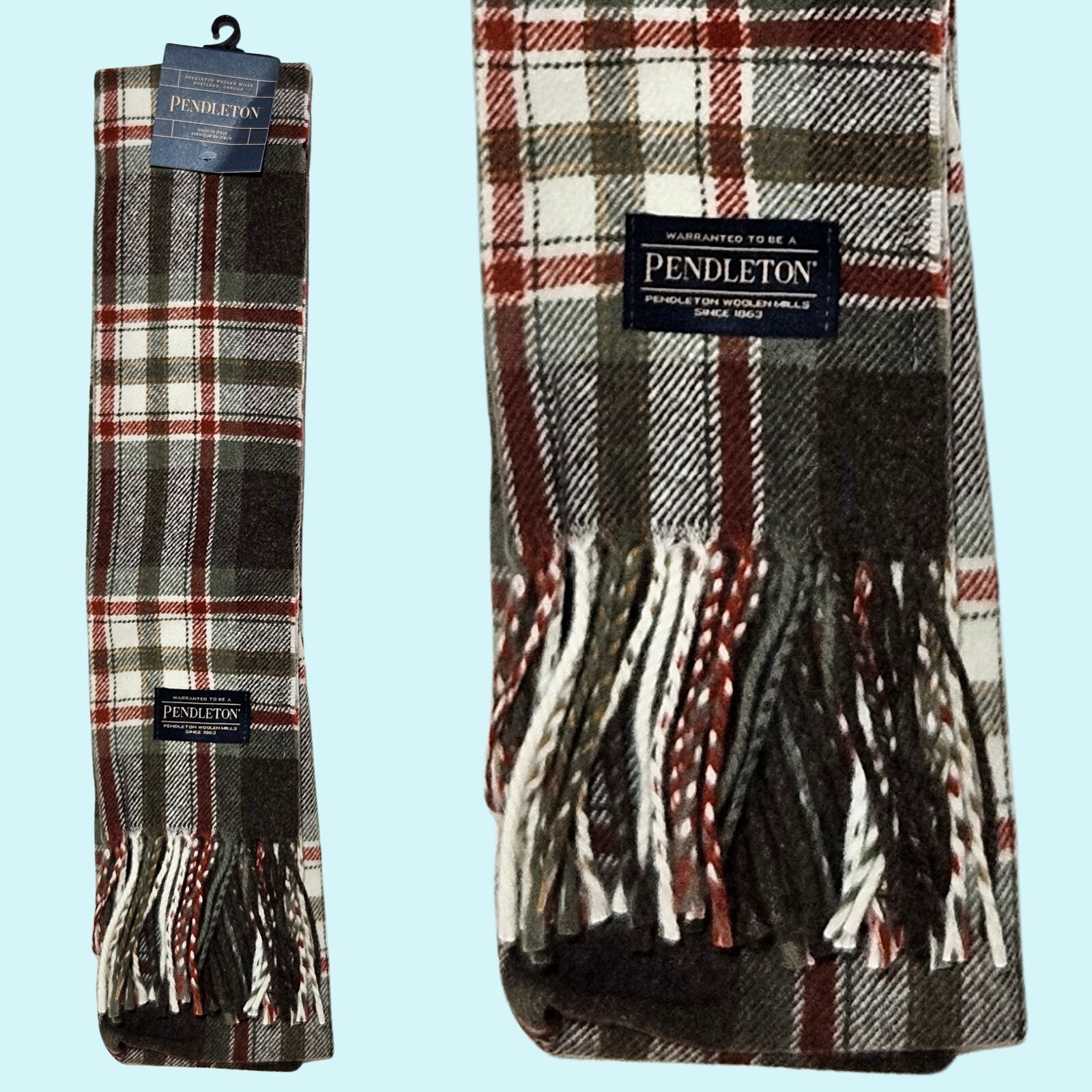 Pendleton Scarf Pacific Plaid 100% Wool Whisperwool Muffler Fringe Outdoor Gift