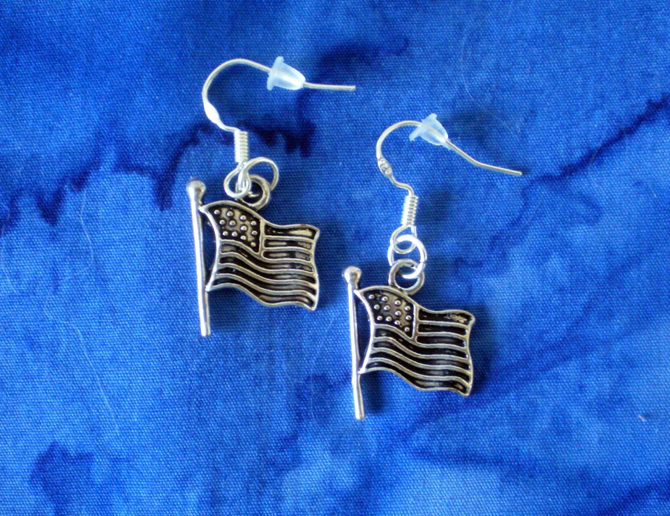 BUY 2 GET 1 FREE~JULY 4TH PATRIOTIC USA AMERICAN FLAG MILITARY SILVER EARRINGS - Image 3 of 4