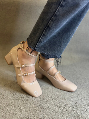 Damen Mädchen Baby Schuhe Riemchen Low Heel Nude Glanz Mod. Mary Jane