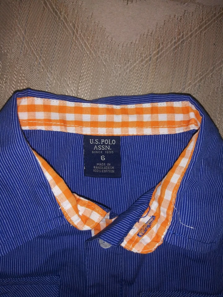 Camisa Polo Assn Niños 6 Botones Manga Larga Azul Pin Rayas Naranja Logo... Foto 4 de 4