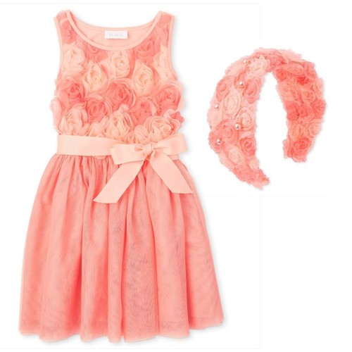 Girls Peach Roses Floral Formal Dress, Cardigan, & Headband Set Size 5/6 - Picture 2 of 16