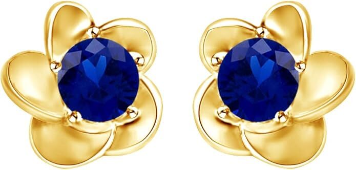 Round Simulated Birthstone Flower Stud Earrings in 14K Gold Plated Silver-image
