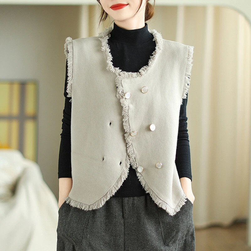 Mujeres Doble Pecho Cuello Redondo Borla Sin Mangas Chaleco Calce Ajustado Waiscoat Prendas para el torso Foto 3 de 4