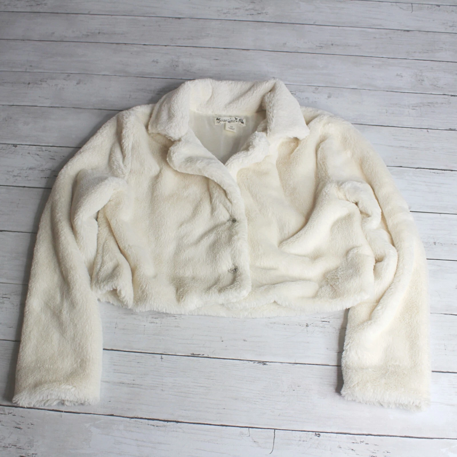 OFF WHITE Giacca scrollata pelliccia sintetica Knit Works bambina taglia 10 bianco sporco avorio vestito cappotto