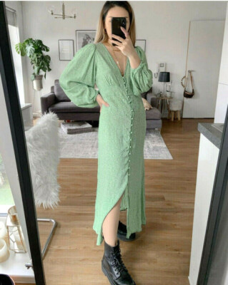 H&M TREND Green Floral Ditsy Puff Balloon Sleeved Midi Dress size 10 EU 38 US 6