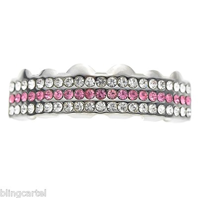 Pink Grillz Iced Row Silver Tone Simulated CZ Top Teeth Rows