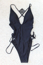 ZAFUL FOREVER YOUNG BLACK ONE PIECE BATHING SUIT SWIMWEAR STRING BACK SZ 6 M TIE