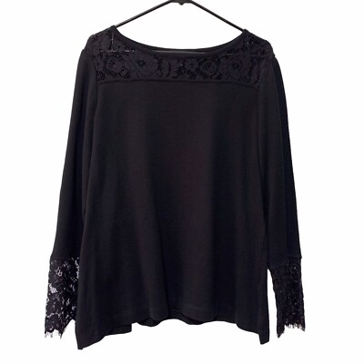 Ming Wang Lace Sheer Trim Long Sleeve Black Knit Top Blouse Size L