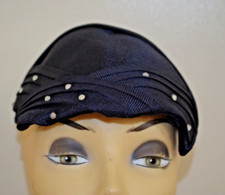 Original CAROLINE Antique Flapper Hat Blue Silky Mesh Pleats Rhinestone Velvet
