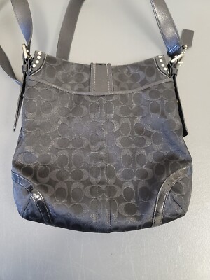 バッグ Coach Signature Flap Studs Shoulder Bag Coach Gray Black Signature Jacquard Leather Buckle Flap