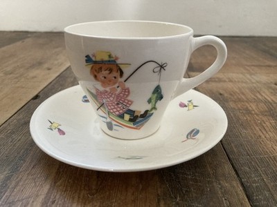 Vintage 1950s Retro Child s Cup & Saucer Girl Fishing Figgjo Flint Norway Scandi