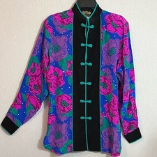 Vintage 1980s Bob Mackie 100 silk Pink Purple Floral Tunic Top Standing Collar