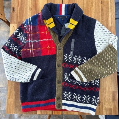 NEW Tommy Hilfiger Colorful Patchwork Archive Varsity Mix Wool-Blend Cardigan-M