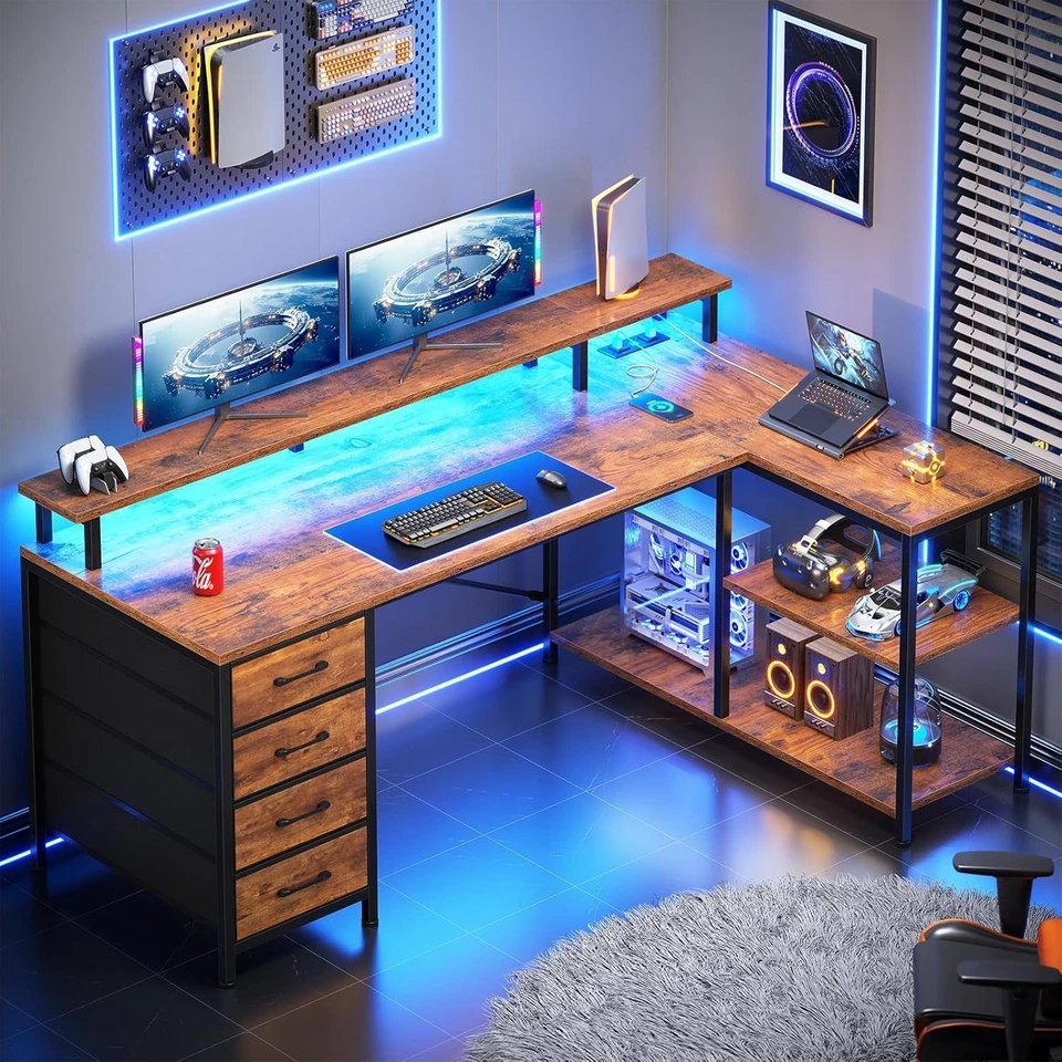 L Shaped Desk with 4 Drawers &Storage Shelves, Corner Computer Desk w/LED Lights - Image 2 of 4
