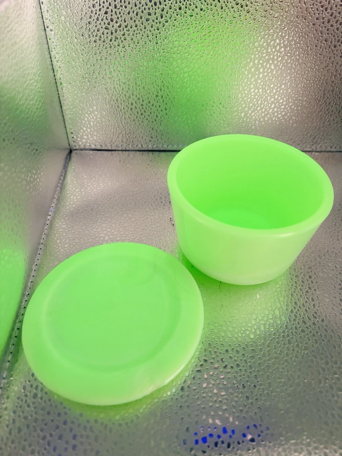 Vintage McKee Jadeite Green Uranium Milk Glass Canister Jar Ramekin & Lid READ
