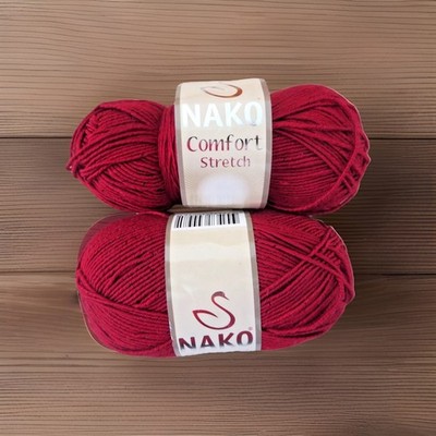 Lot of 2 Nako Comfort Stretch Yarn, Same Dye Lot, Dark Red Color