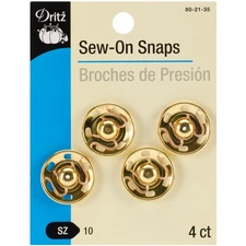 Dritz 80-21-35 Gold Sew-On Snaps-Size 10 4/Pkg