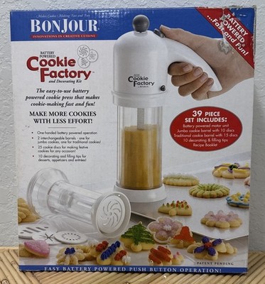 2002 Bonjour Cookie Factory Battery Powered & Decorating Kit Press Set 39 Pcs