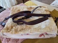 Beige White Faux Fur Bag with Patterned Interior and Zipper Closure