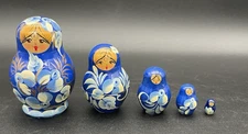 VTG Cobalt Blue Matryoshka Nesting Dolls 5 pc 3" tall Handmade Hand Painted READ