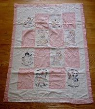 Vintage Handmade Nursery Rhyme Baby Quilt Pink White Cotton 30 x 41"