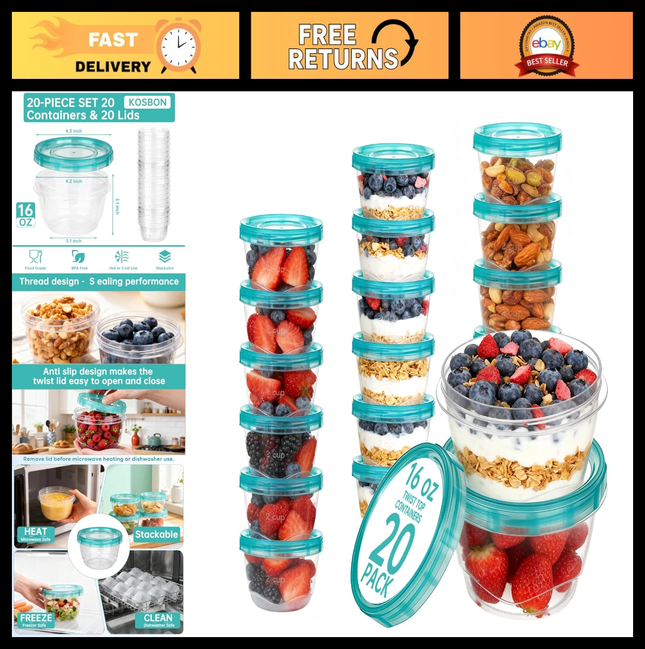20 Pack 16oz Deli Containers with Twist Lids - Freezer & Meal Prep Storage, BPA