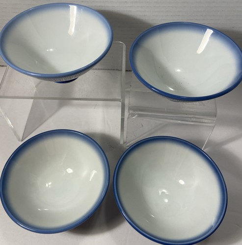 4 Vintage Japanese Porcelain Rice Bowls Sometsuke Blue Stripes Hand Painted - Picture 4 of 4