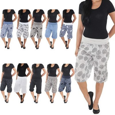 Damen Pump Strand Haremshose Aladin Capri Pluder Freizeit Bermuda Stoff 3/4 Hose