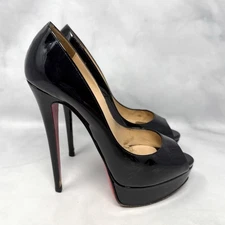 Christian Louboutin Lady Peep 150 Patent Platform Open Toe Pumps Heels Black 36
