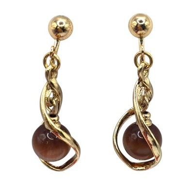 Earrings Tigers Eye Glass Polished Beads Twisted Gold Tone Dangle Clip On SK3299