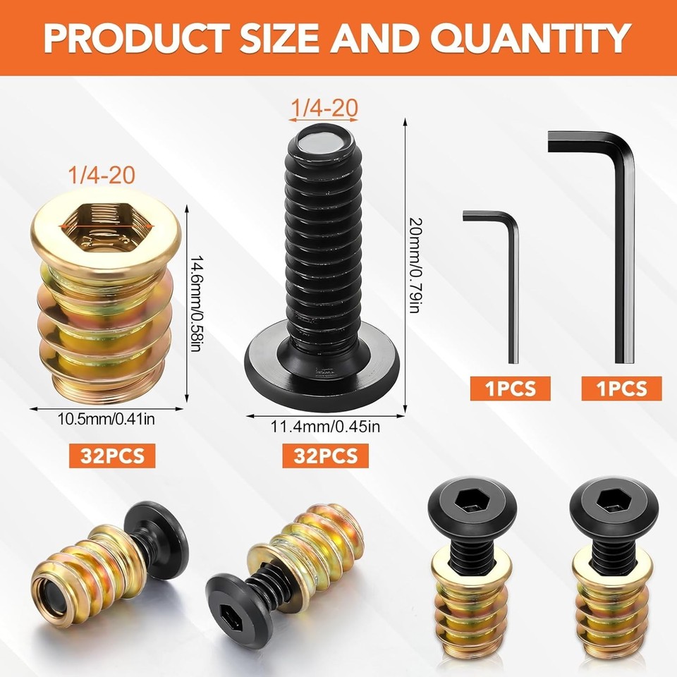 32 Sets Threaded Inserts for Wood Furniture Screws - 1/4-20 x 25/32 ...