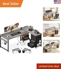 61 Inch L Shaped Desk with Power Outlets Corner Computer Desk with File Drawer