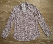 $148 SPLENDID Rayon Buttondown Shirt Top Roll-Tab Slv Brown Navy Animal Print XS