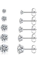5 Pair Stud Earring Set, Hypoallergenic Cubic Zirconia 316L StainlessSteel 3-8mm