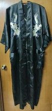 Black Kimono Oriental Robe Pockets Satin Dragon Embroidered Size M w/belt