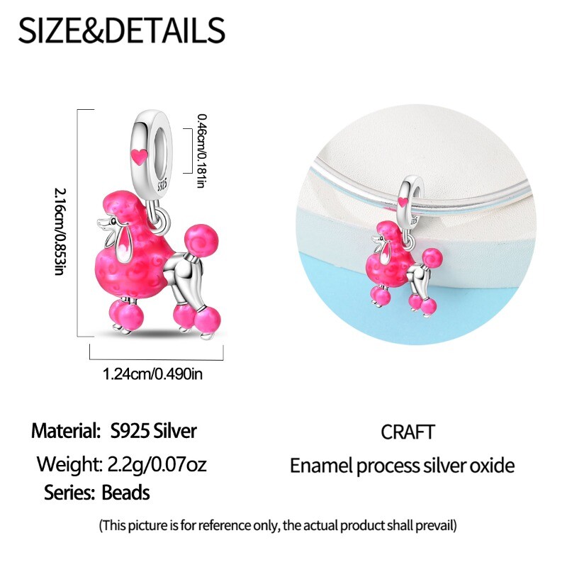 KUNSIR Sterling Silver Pink Proud Poodle Pendant Charm For European Bracelet DIY