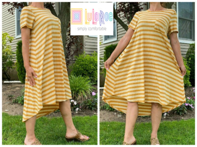 LULAROE CARLY T SHIRT HI LO  SWING DRESS GOLD STRIPE RIBBED RAYON OMBRE M NWT 