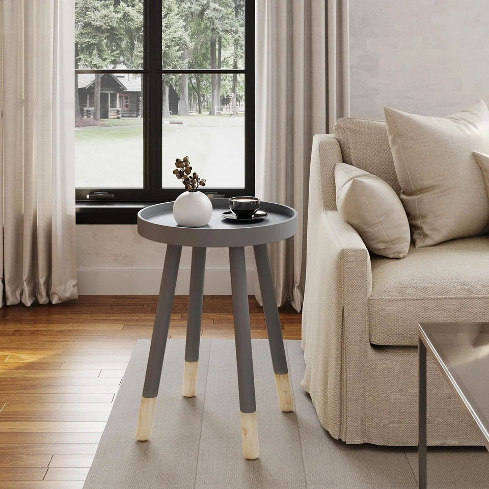 Round End Table - Wooden Mid-Century Modern Side Table with Tray Top and Two-Ton - Image 4 of 4