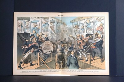 Northern Pacific Railroad STOCK 1883 RIVAL ADVERTISING EUROPE v AMERICA Puck Art