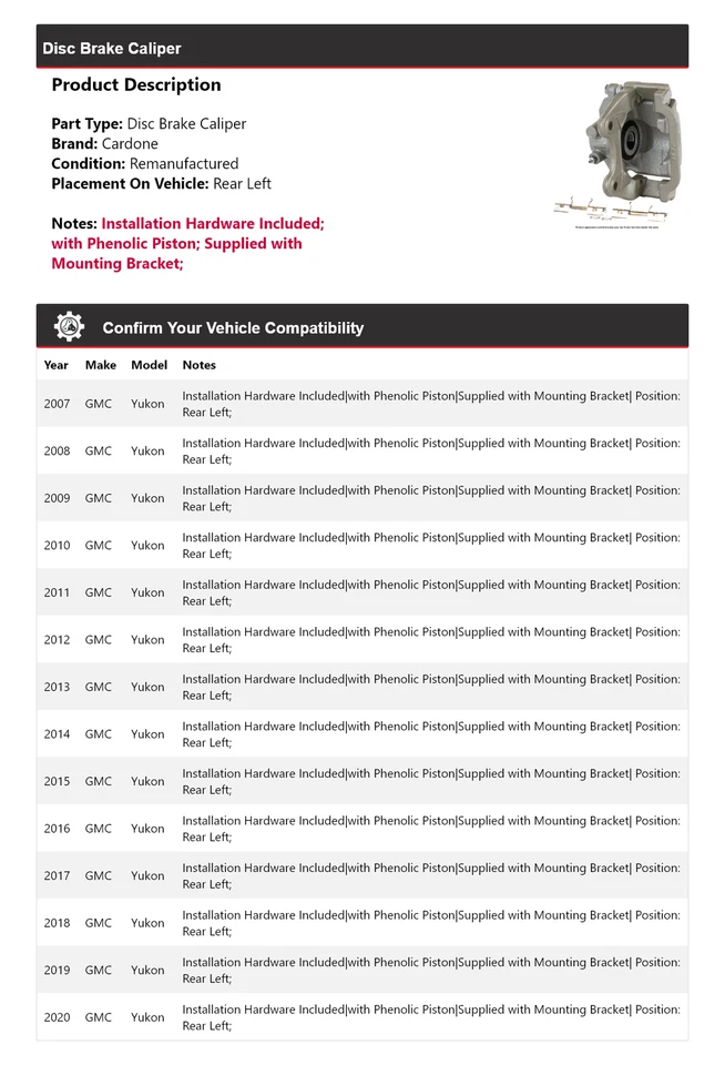 Штангенциркуль дискового тормоза задний левый Cardone для GMC Yukon 2007-2020 годов выпуска 2008 2009 2010 2011 годов выпуска - Изображение 2 из 4