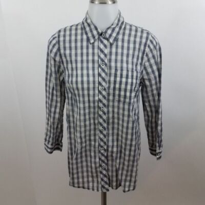 Lucky Brand button front S blue white plaid 3/4 sleeve womens arrow southwestern