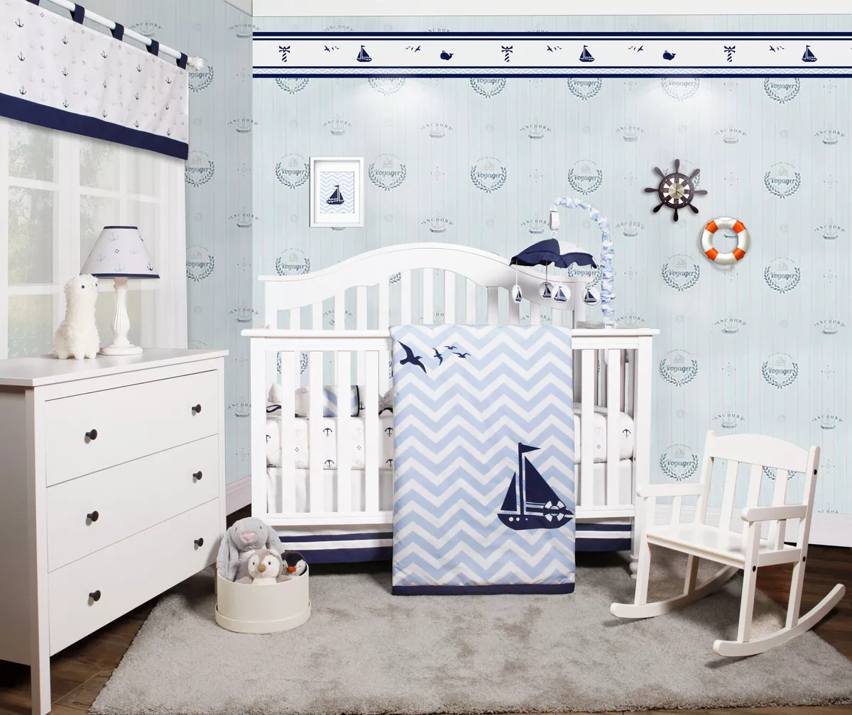 5 PCS Bumperless Nautical Sailor Baby Boy Nursery Crib Bedding Sets OptimaBaby