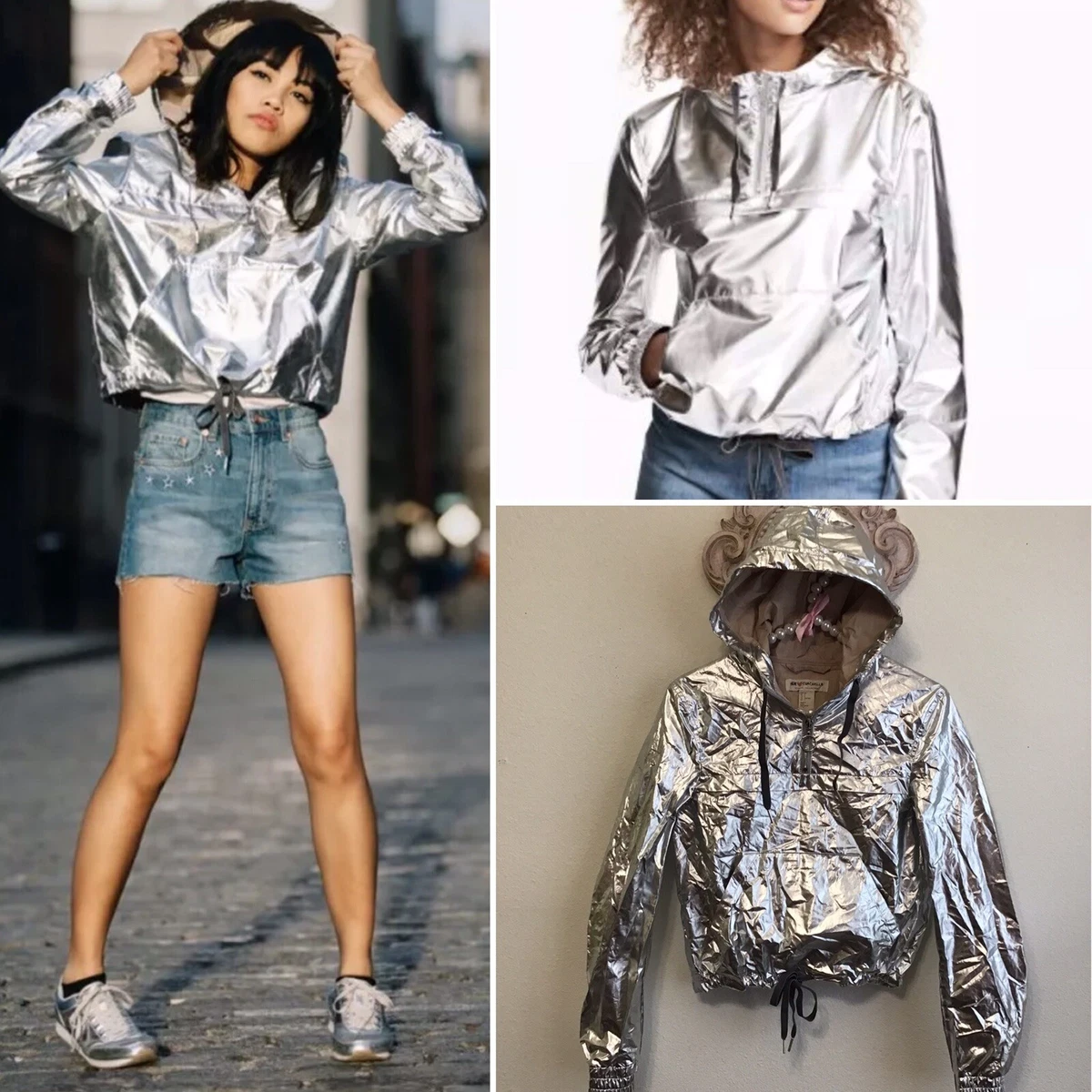 H M Coachella Silver Metallic Foil Hooded Half Zip Anorak Wind